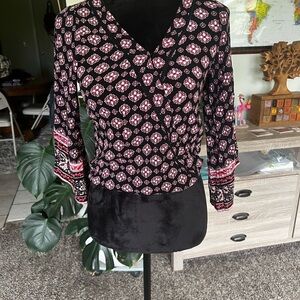 Xhilaration Black Blouse with Pink Patterns